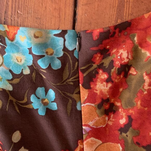 Kay Unger Women's Floral Brown Silk Wool Blend 2 Pleated Midi A-Line Dress GUC - Picture 9 of 16